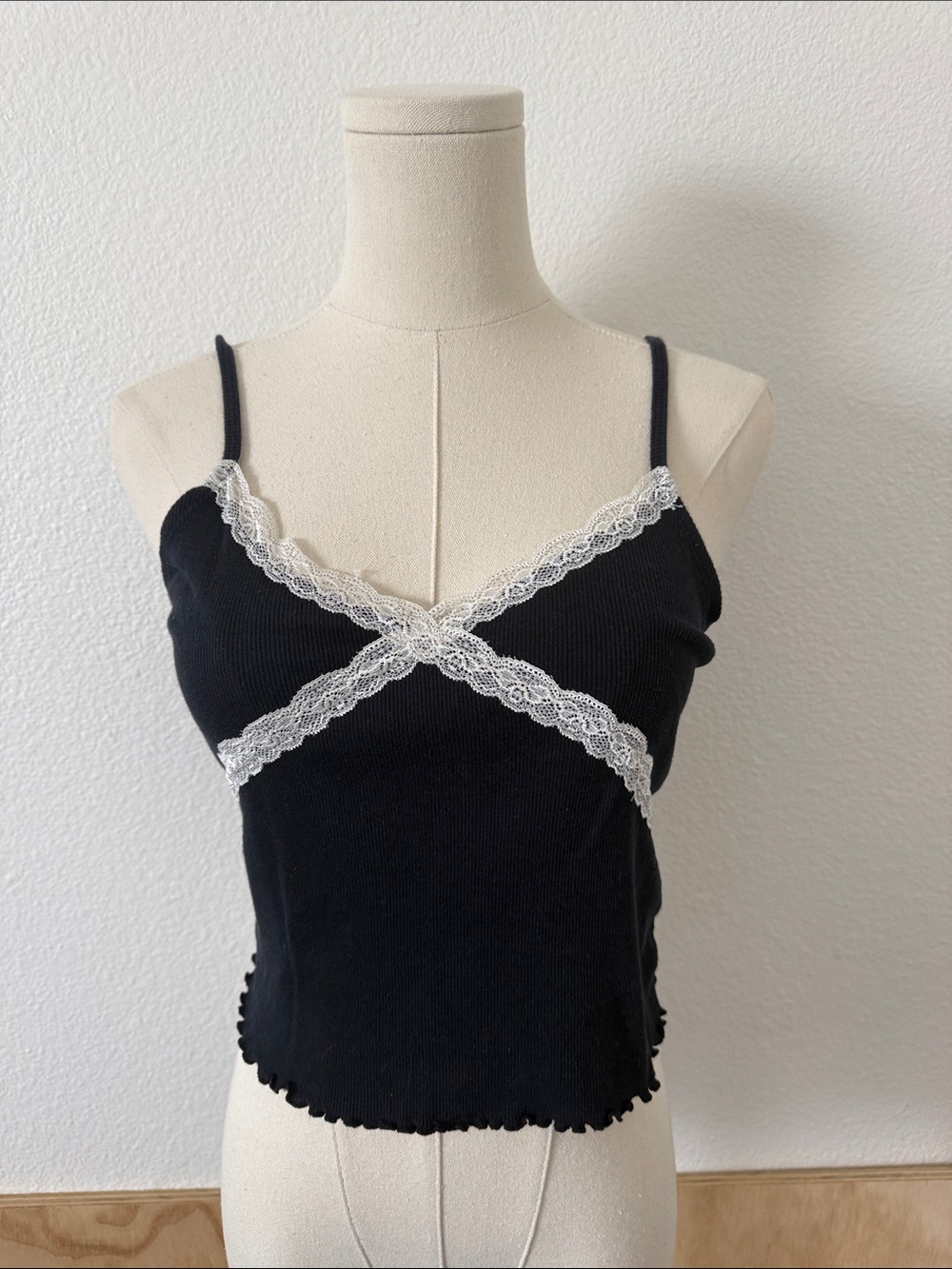 Topshop Black Cami with White Lace Trim and Ruffled Hem